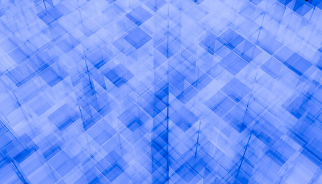 Abstract geometric pattern with overlapping translucent blue squares in a grid. Illustration, rendering
