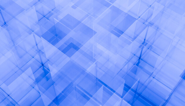 Abstract art with overlapping translucent blue geometric shapes forming a three-dimensional space. Illustration, rendering