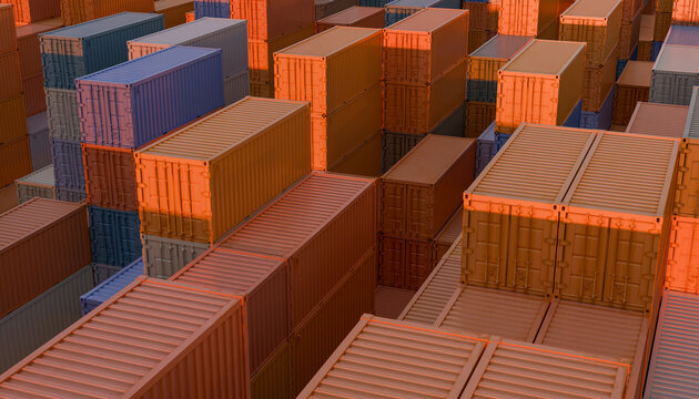 Stacked cargo containers in vibrant sunlight at an industrial shipping yard. Illustration, rendering