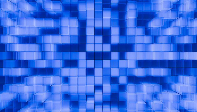 Abstract blue 3D grid of glowing squares creating futuristic digital tunnel effect. Illustration, rendering