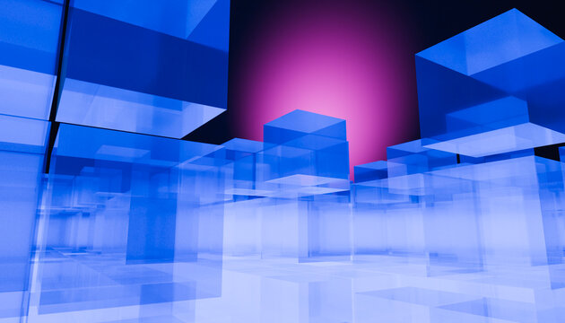 Abstract blue glass cubes with a glowing pink light in the background. Illustration, rendering