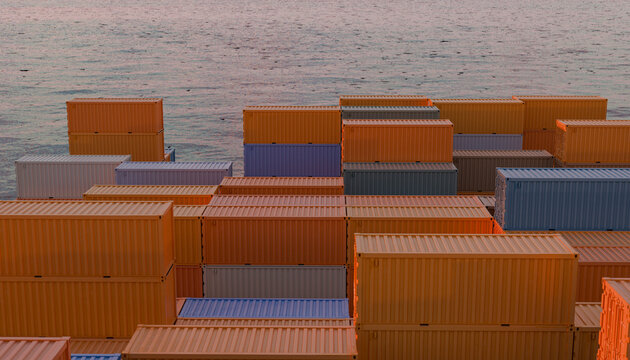 Stacked shipping containers by the sea under a dimly lit sky at dusk. Illustration, rendering