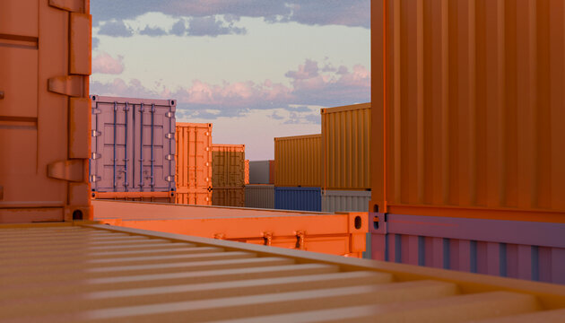 Stacked colorful shipping containers under a cloudy sky at sunset. Illustration, rendering