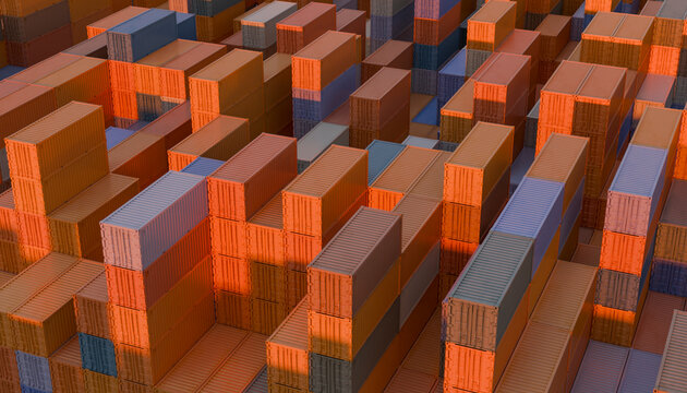 Stacked shipping containers in various colors form a geometric industrial pattern at sunset. Illustration, rendering
