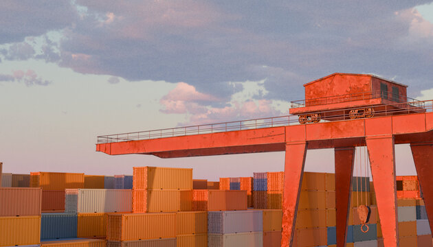 Stacked shipping containers and a large red crane under a cloudy sky at dusk. Illustration, rendering