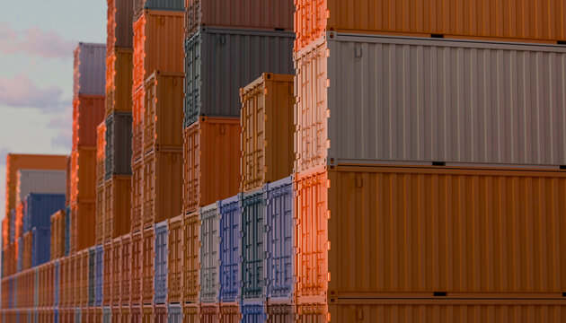 Stacked shipping containers in various colors under sunset lighting at a busy port. Illustration, rendering
