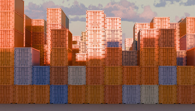 Stacks of colorful shipping containers under a partly cloudy sky at sunset. Illustration, rendering