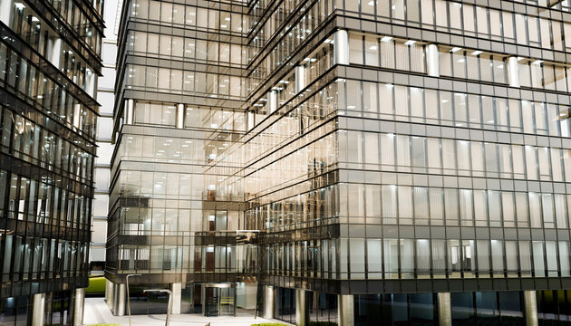Modern glass office buildings with reflective surfaces and geometric architecture. Illustration, rendering