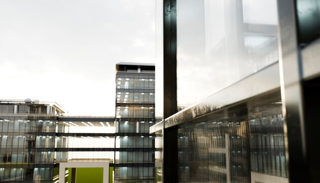 Modern glass buildings with reflections in an urban cityscape under a cloudy sky. Illustration, rendering