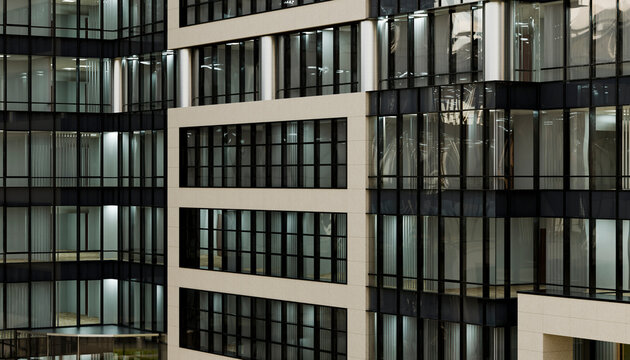 Modern office building with reflective glass windows and geometric architecture. Illustration, rendering