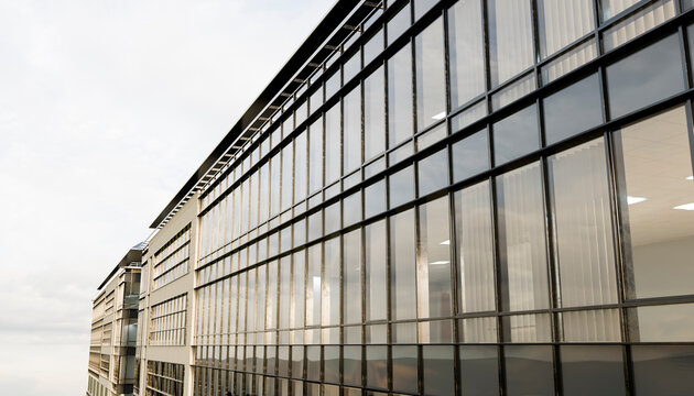 Modern glass office building reflecting sky with expansive windows and sleek architecture. Illustration, rendering