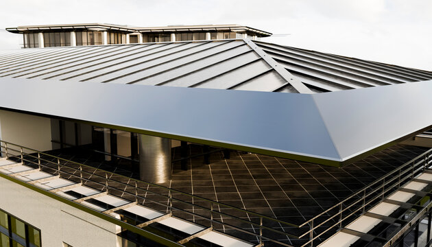 Modern building with metal roof and wraparound balcony under a cloudy sky. Illustration, rendering