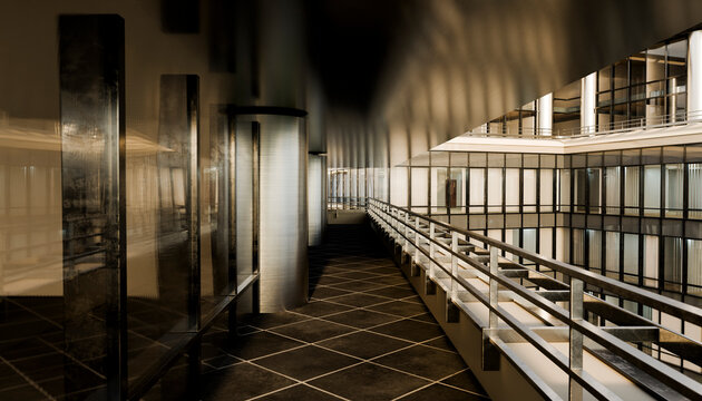 Modern glass-walled corridor with geometric patterns and reflective surfaces. Illustration, rendering