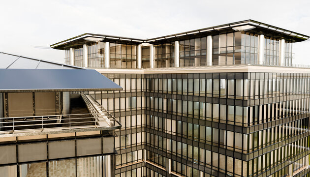 Modern glass and steel office building with large windows and multiple stories under a cloudy sky. Illustration, rendering
