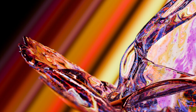 Abstract close-up of colorful, translucent glass sculpture against striped background. Illustration, rendering