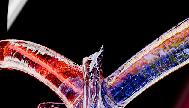 Abstract, colorful glass sculpture with swirling red and blue shapes against black background. Illustration, rendering
