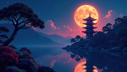 Fototapeta premium Serene moonlit garden, oriental pagoda silhouette, dark, illustration, china