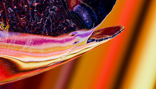 Abstract close-up of colorful glass, featuring vibrant swirls and patterns with light reflections. Illustration, rendering