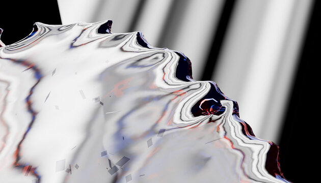 Abstract image with wavy metallic surface and blurred black and white background. Illustration, rendering