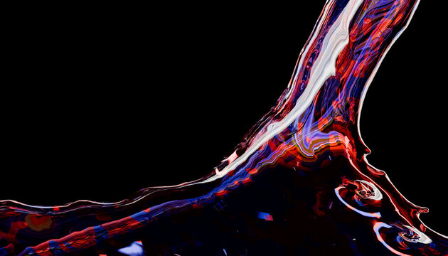 Colorful fluid stream with intricate patterns flowing against a dark background. Illustration, rendering