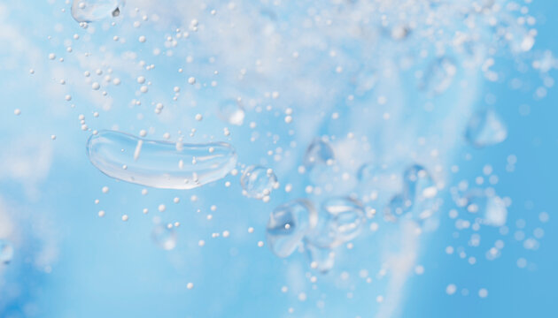 Clear water bubbles floating against a soft blue background, evoking a sense of calm and purity. Illustration, rendering