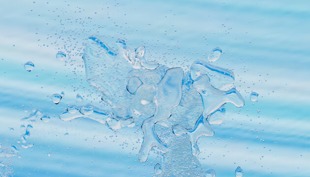 Splashes of water droplets in mid-air against a serene blue sky background. Illustration, rendering