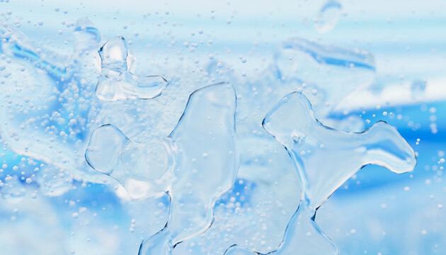 Abstract splashes of water droplets frozen mid-air with a blurred blue background Illustration, rendering