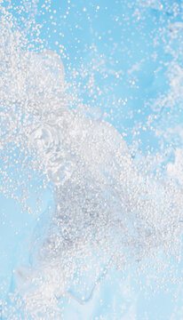 Effervescent bubbles rise in a sparkling blue liquid background. Illustration, rendering