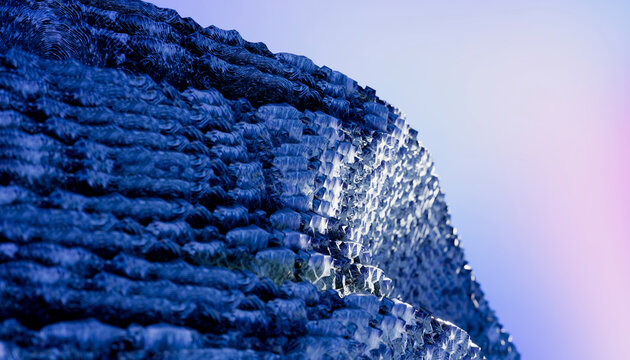 Close-up of a textured, abstract blue structure with a soft purple gradient background.
