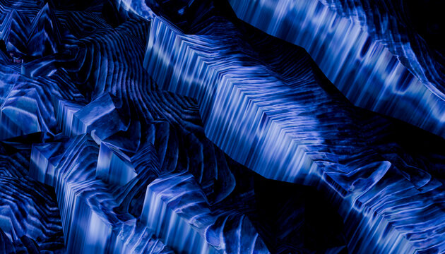 Abstract 3D geometric pattern with blue and black wavy stripes, creating a dynamic texture.