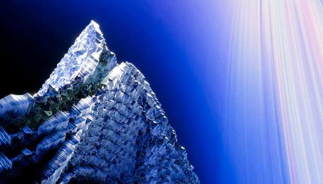 Abstract icy mountain peaks under a deep blue sky with radiant light beams.