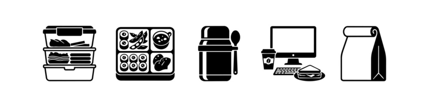 Set of black and white office lunch icons featuring stacked containers, bento box, thermos, desk meal with computer and coffee, and paper bag. Ideal for food, work, and lifestyle themes.