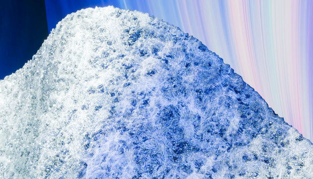 Blue and white textured ice with colorful blurred vertical streaks in the background. 