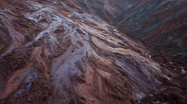 tonalite. Muddy slurry flowing down a hillside, creating viscous patterns in natural daylight. ESG reports, sustainability campaigns, designed for environmental awareness campaigns.