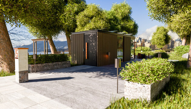Small modern building in a sunny park surrounded by lush green trees and manicured bushes.