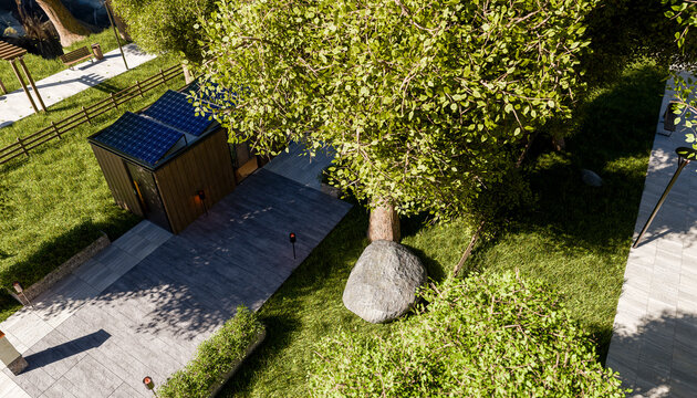 Lush green trees and a small wooden hut in a sunny park setting.