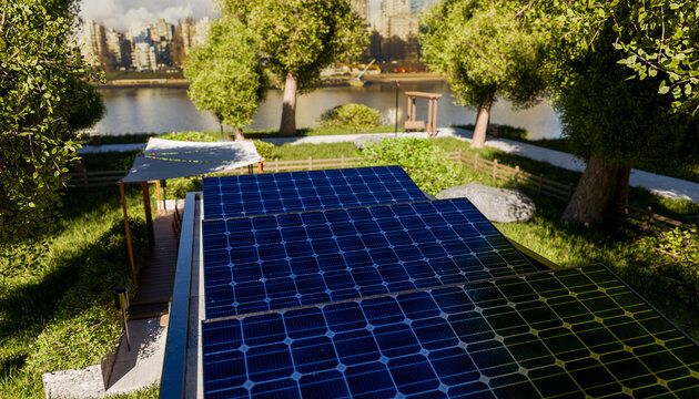 Solar panels on a rooftop overlooking a lush green park and city skyline.