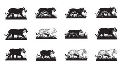 Tiger Silhouette Vector Set with Contrasting Grass and Stripes, Showing Walking and Stalking Poses for Nature and Wildlife Graphics © TAIFUR