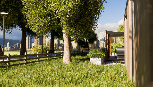 Sunny urban park with trees, grass, wooden fence, and city skyline in the background.