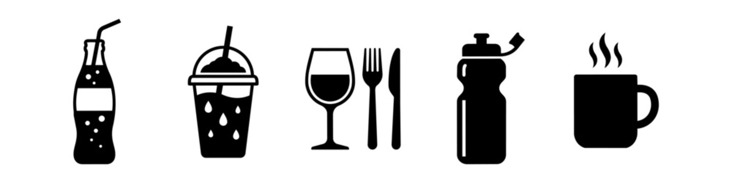 Minimalist black icons of soda, smoothie, wine glass with cutlery, water bottle, and coffee mug. High-contrast vector set for food and beverage signage.