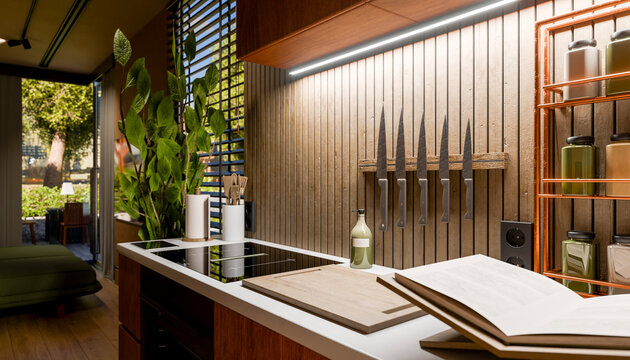 Modern kitchen interior with open cookbook, knife set, and potted plants under natural light.