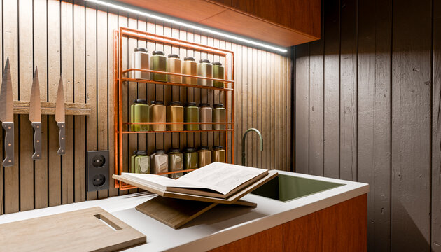 Modern kitchen with wooden walls, open cookbook, spice rack, knives, and sleek sink.