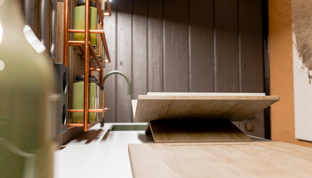 Modern kitchen with wooden countertops and green accents on shelves.