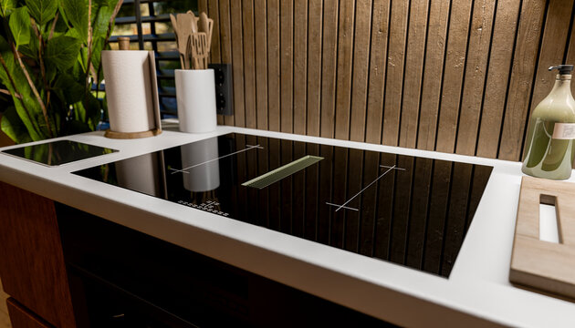 Modern kitchen countertop with sleek black induction stove and wooden backsplash.