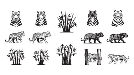Tiger Illustrations Set with Black Ink Silhouettes, Bamboo Groves and Stripes, Animal Logo Icons for Wildlife Branding and Tattoos © TAIFUR