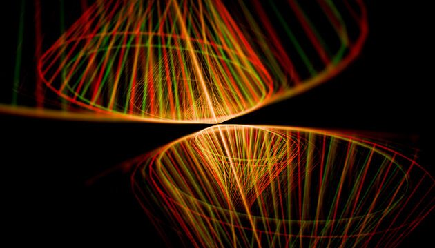 Abstract light patterns with vibrant red and green curved lines on a black background.