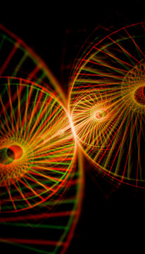 Abstract vibrant geometric spirals with red and green hues on a black background.