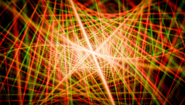 Abstract pattern of intersecting red and green light beams creating a geometric design.