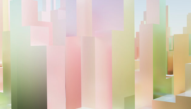Abstract pastel-colored 3D geometric cityscape with vertical blocks in soft lighting.