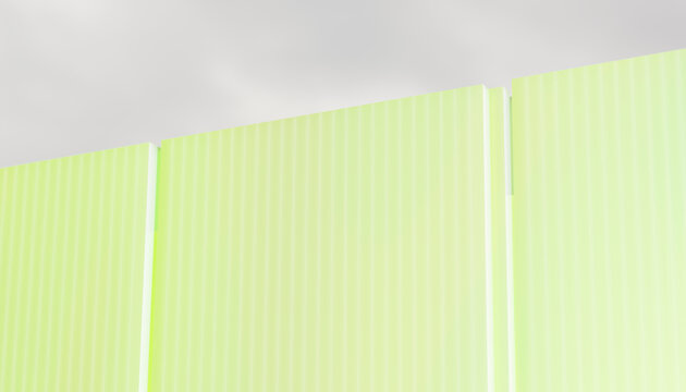 Pale green corrugated panels against a cloudy sky form a modern abstract structure.